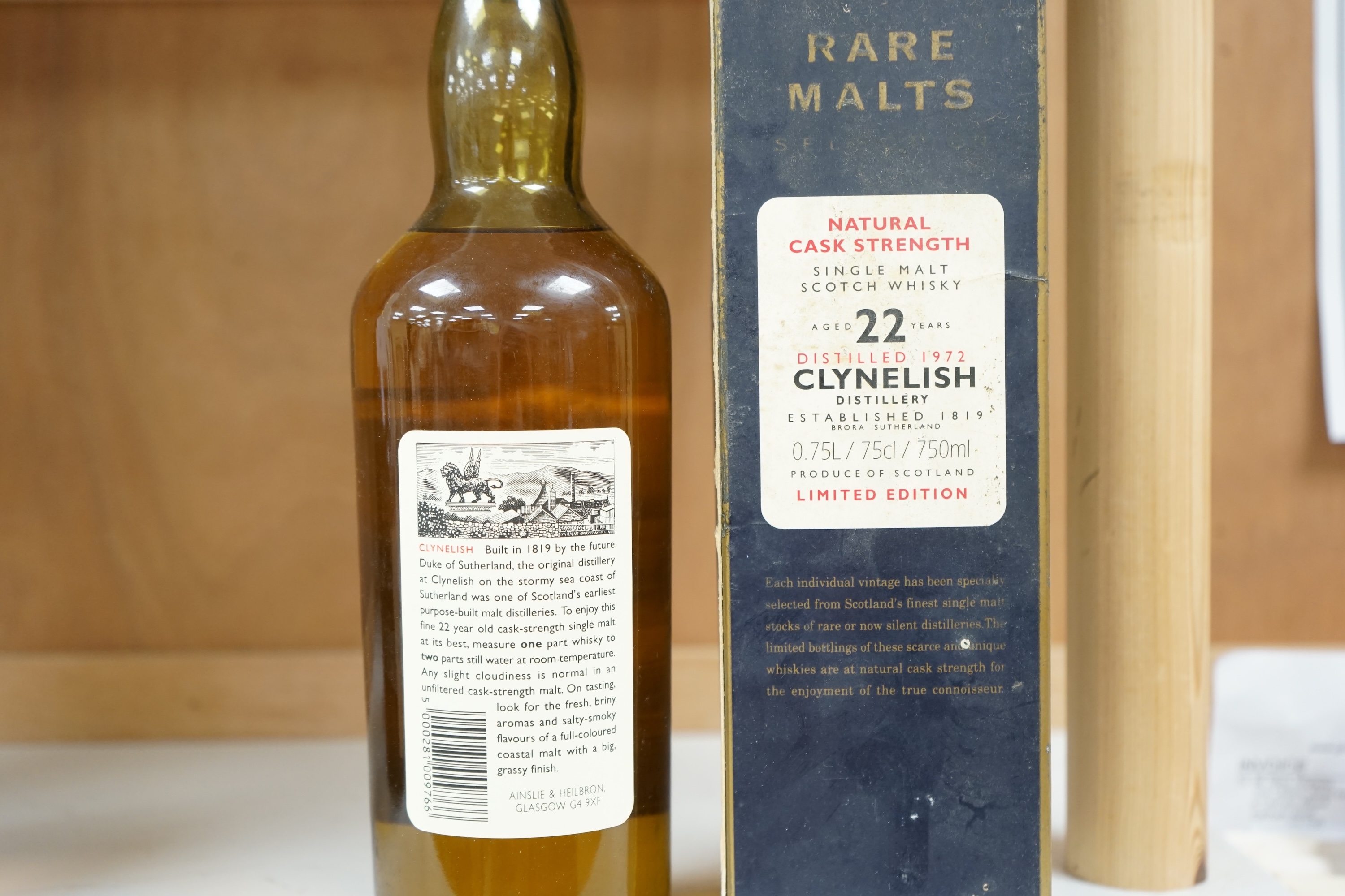 A boxed bottle of Clynelish 22 year old aged 1972 single malt scotch whisky. Condition - fair to good, some staining and wear to box.